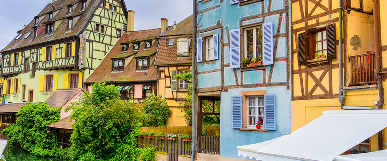 Colmar, Petit Venice, water canal and houses. Alsace, France.